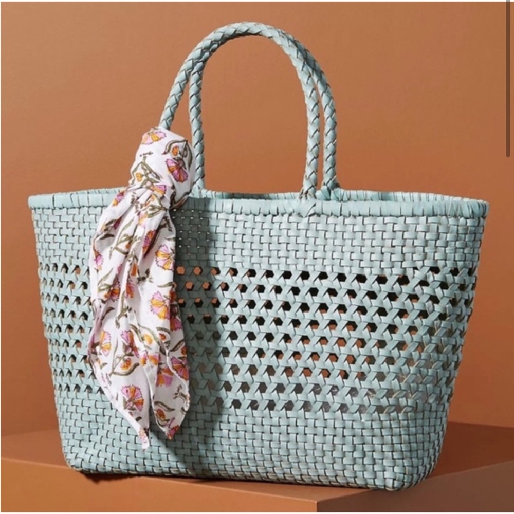 Anthropologie Woven Tote Bag in Light Blue with Floral Scarf